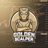 логотип советника Golden Scalper EA — золотой робот на фоне графика с японскими свечами и торговыми уровнями