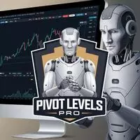 логотип советника Pivot Levels Pro — робот на фоне монитора с графиками рынка